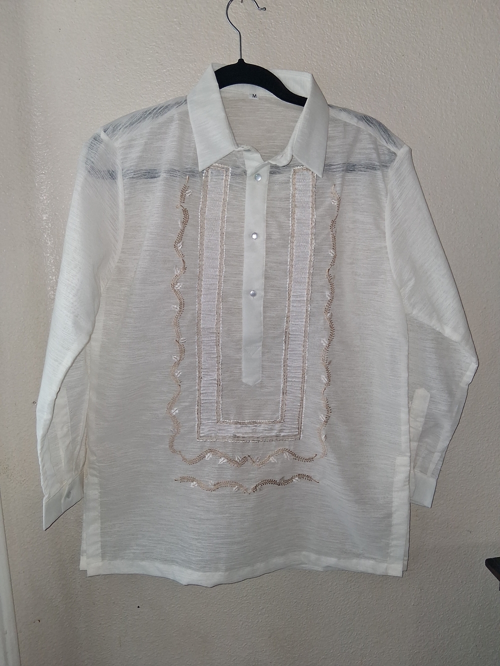Mens Sz Medium Phillipines Barong Tagalog Cream & White Traditional Shirt